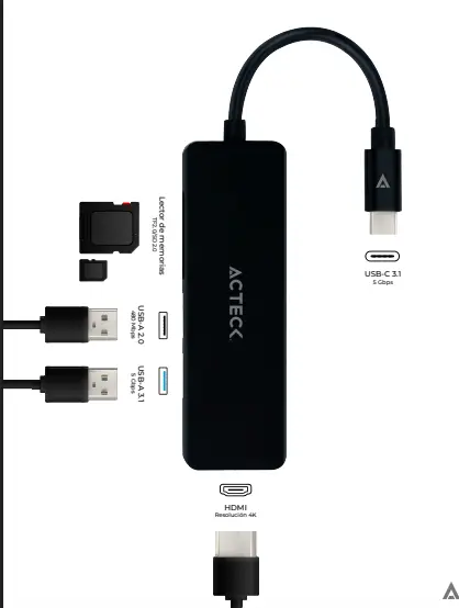 HUB USB ACTECK USB C 5 EN 1 GATE 5 DH640 4K HDMI + 1USB A 3.0 + 1USB A 2.0