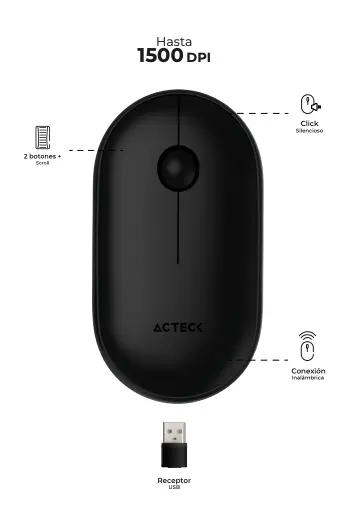 MOUSE ACTECK OPTIMIZE EDGE MI460 INALAMBRICO NEGRO DISEÑO DELGADO 1600DPI 2BOTONES + 1