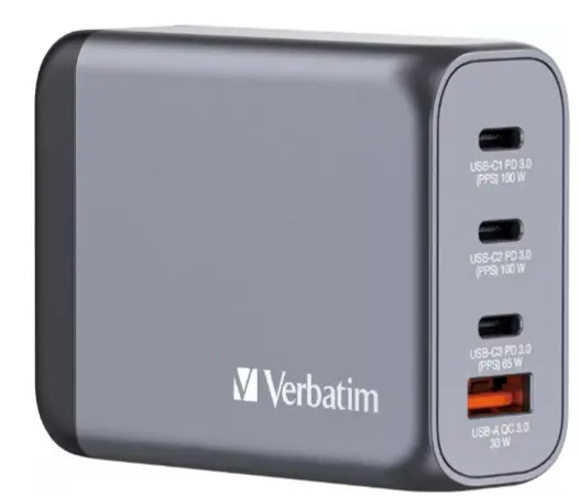 Cargador de pared Verbatim GaN de 100W combina dos puertos USB-C PD 100 W, un puerto USB-C PD 65 W y un puerto USB-A QC 3.0