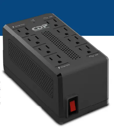 Regulador CDP RAVR1408 1410 VA/700W 8 contactos NEMA5-15R (4 c/ AVR/supresión y 4 c/supresión) botón encendido 98Vca - 145Vca