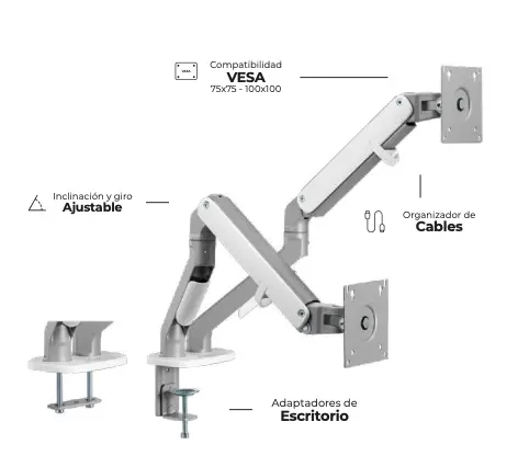 Soporte de Escritorio Acteck Enforce Motion SM626 Articulado para 2 Monitores Vesa de 75x75mm 100x100mm