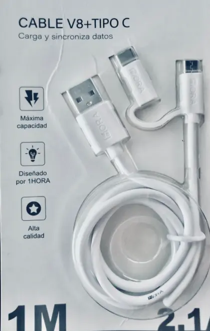 Cable V8 + TIPO C 2.1 Blanco Blister