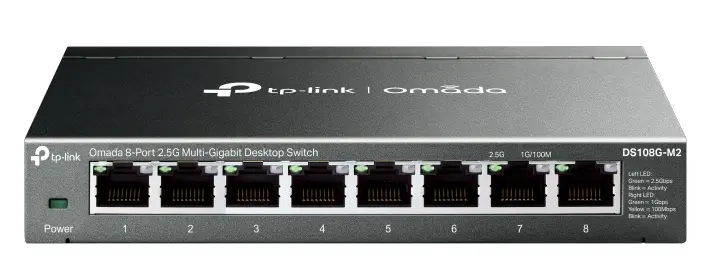 Switch TP-Link Omada DS108G-M2 metálico escritorio 8 puertos RJ45 hasta 2.5 Gbps Multi-Gig no adminsitrable operación sileciosa