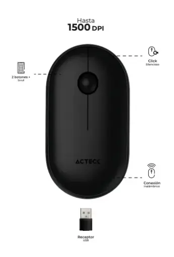 [2274] MOUSE ACTECK OPTIMIZE EDGE MI460 INALAMBRICO NEGRO DISEÑO DELGADO 1600DPI 2BOTONES + 1