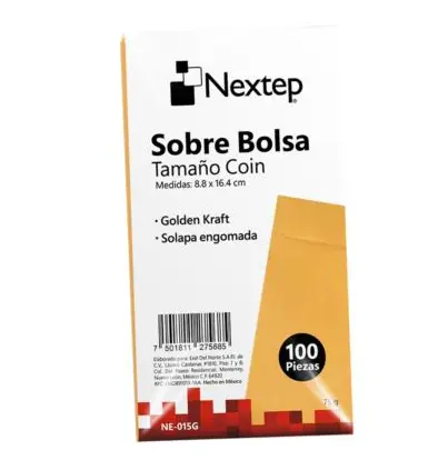 [NE-015G] Sobre Bolsa Económico Nextep Tamaño Coin 5  P/Dinero Solapa Engomada Paquete c/100 8.8x16.4cm