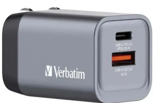 [32200] Cargador de pared Verbatim GaN de 35 Combina un puerto USB-C PD de 35 W y un puerto USB-A QC 3.0 (EU/UK/US)