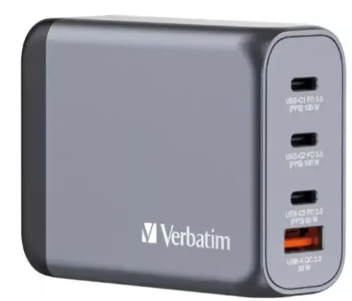 [32202] Cargador de pared Verbatim GaN de 100W combina dos puertos USB-C PD 100 W, un puerto USB-C PD 65 W y un puerto USB-A QC 3.0