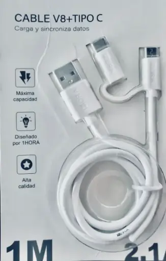 [1202] Cable V8 + TIPO C 2.1 Blanco Blister
